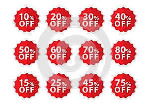 Percentage Off stickers, Sale Tags, Red Sale template, Labels, Discount, icon vector