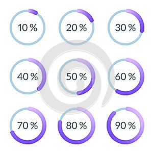 Percentage pie chart set. Circle percent diagram or chart with progress bar. Infographic design template for business process