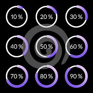 Percentage pie chart set. Circle percent diagram or chart with progress bar. Infographic design template for business process