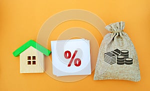 The percentage of real estate sales. Money bag, house and percent sign. Tax interest. Loan and mortgage rates. Business and