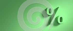 Percentage sign on green wall background, banner, copy space. 3d illustration