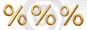 Percentage symbol. Set of Golden percent sign isolated on transparent background. Percentage, discount concept. Realistic 3D