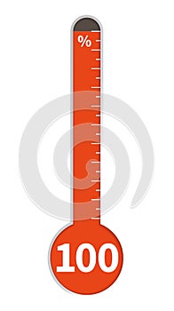 Percentage thermometer. Red scale with 100 percent, measurement isolated on white background element, degree of success