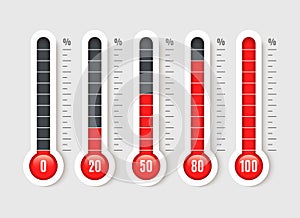 Percentage thermometer. Temperature thermometers with percentages scale. Thermostat temp business measurement vector isolated