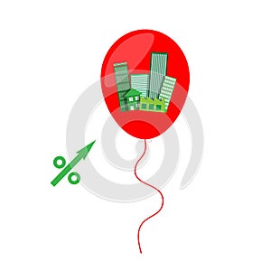 Percentage up symbol with building property estate in balloon f