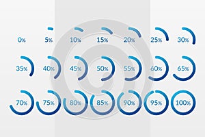 Percentage vector infographic icons. 0 5 10 15 20 25 30 35 40 45 50 55 60 65 70 75 80 85 90 95 100 percent pie chart symbols.