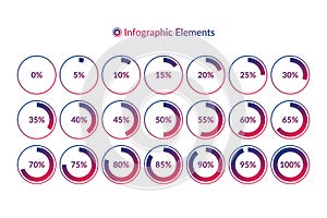 Percentage vector infographic icons. 0 5 10 15 20 25 30 35 40 45 50 55 60 65 70 75 80 85 90 95 100 percent pie chart symbols