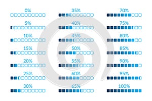 Percentage vector infographic icons isolated. 5 10 15 20 25 30 35 40 45 50 55 60 65 70 75 80 85 90 95 100 0 percent square charts