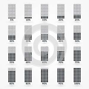 Percentage vector infographic icons isolated. 5 10 15 20 25 30 35 40 45 50 55 60 65 70 75 80 85 90 95 100 percent square charts photo