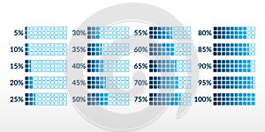 Percentage vector infographic icons isolated. 5 10 15 20 25 30 35 40 45 50 55 60 65 70 75 80 85 90 95 100 percent square charts