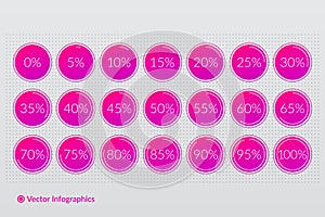 Percentage vector infographic icons set. 0 5 10 15 20 25 30 35 40 45 50 55 60 65 70 75 80 85 90 95 100 percent isolated pie chart