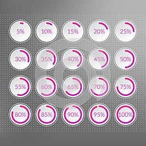 Percentage vector infographic icons set. 5 10 15 20 25 30 35 40 45 50 55 60 65 70 75 80 85 90 95 100 percent chart signs for