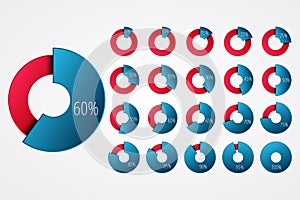 Percentage vector infographic icons set. 5 10 15 20 25 30 35 40 45 50 55 60 65 70 75 80 85 90 95 100 percent chart signs for