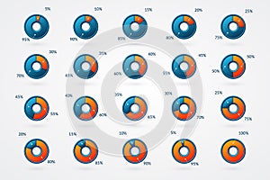 Percentage vector infographic icons set. 5 10 15 20 25 30 35 40 45 50 55 60 65 70 75 80 85 90 95 100 percent chart signs for