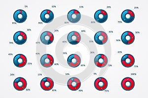 Percentage vector infographic icons set. 5 10 15 20 25 30 35 40 45 50 55 60 65 70 75 80 85 90 95 100 percent chart signs for