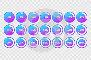 Percentage vector infographic icons set. 5 10 15 20 25 30 35 40 45 50 55 60 65 70 75 80 85 90 95 100 percent charts