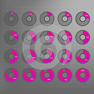 Percentage vector infographic icons set. 5 10 15 20 25 30 35 40 45 50 55 60 65 70 75 80 85 90 95 100 percent transparent chart