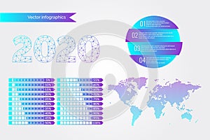Percentage vector infographic symbol set, 5 to 100 percent gradient pie chart signs. Four steps circle icon. World Map. 2020 sign