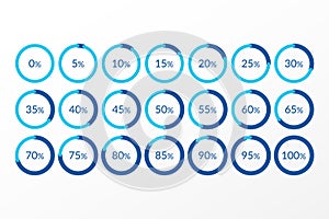 Percentage vector infographics. 0 5 10 15 20 25 30 35 40 45 50 55 60 65 70 75 80 85 90 95 100 percent pie chart symbols