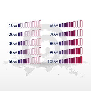 Percentage vector infographics. 10 20 30 40 50 60 70 80 90 100 percent chart symbols on world map. Isolated icons for business