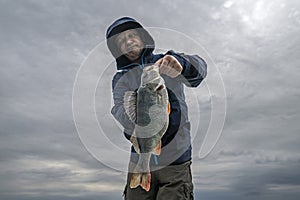 Perch fishing. Fisherman look at big perch fish skeptical