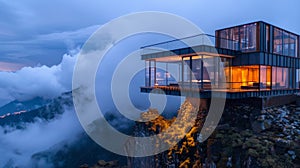 Perched atop a mountain this cloudcovered lodge offers a unique and unforgettable sleep experience. 2d flat cartoon photo