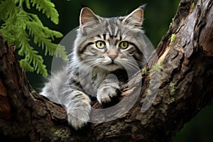 Perched cat on tree branch. Generate Ai