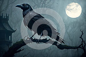 A craw or raven by a wooden building in the dark under a full moon photo