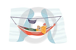 Perched High Above, A Rock Climber Female Character Reading Book, Finds Solace In A Hammock, Vector Illustration