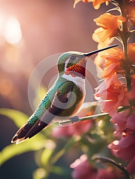 Perched hummingbird. Small colorful bird on flower, branch.