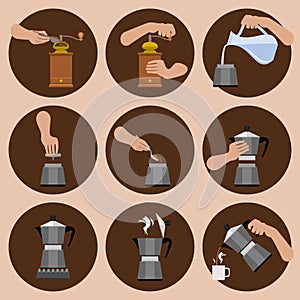 Percolator Coffee Brewing Instruction Vector Illustration Icons Set