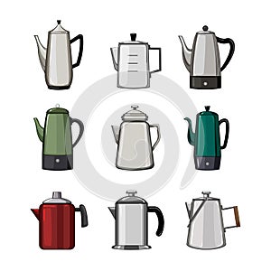 percolator pot coffee set cartoon vector illustration