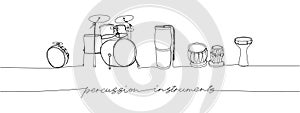 Percussion instruments set one line art. Continuous line drawing of play, drum, timpani, tulumbas, buhai, darbuka