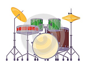 Percussion musical instrument, drum kit with sound barrels, plates, sticks.