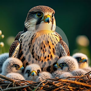 Peregrin falcon in the nest with babies photo