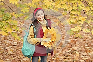 perfect autumn day of cheerful kid with school bag and maple leaves arrangement walking in fall season park in good