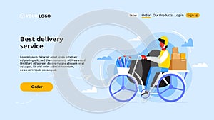 Perfect banner for your website of express delivery service. A courier in yellow helmet rides a bike to deliver the packages