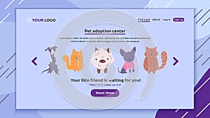 Perfect banner for your website of pet adoption, animal store or vet clinic. Group of cute dogs and cats are waiting