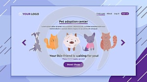Perfect banner for your website of pet adoption, animal store or vet clinic. Group of cute dogs and cats are waiting photo