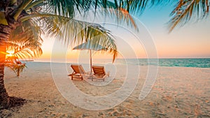 Bellissimo maldive isola Spiaggia. sedie un un ombrello estate vacanza un vacanza. esotico tropicale Spiaggia 