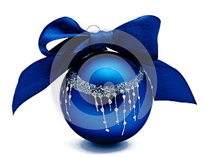 Perfect blue christmas ball with ribbon isolated