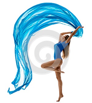 Perfect Body Beauty Woman. Ballet Dancer with Blue Cloth fluttering on Wind. Healthy Legs. Isolated White