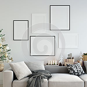 Mock up posters in living room Christmas interior. Interior scandinavian style. 3d rendering, 3d illustration