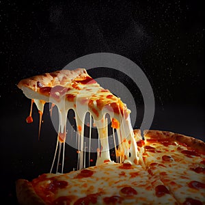 Perfect cheesy pizza slice on black space background fast food photo