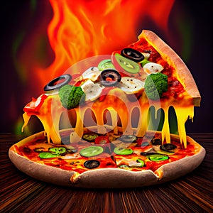 Perfect cheesy pizza slice on hot volcanic lava fiery background fast food