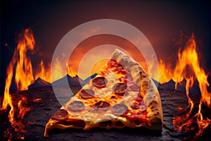 Perfect cheesy pizza slice on hot volcanic lava fiery background fast food