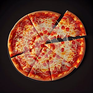 Perfect cheesy round cut sliced pizza slices on black background fast food