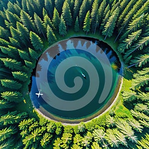 An almost perfect circular shot straight down from the is encircled by a pine forest and looks like the