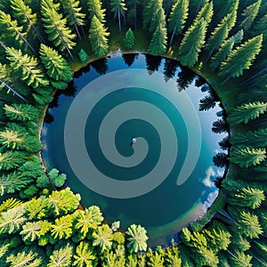 An almost perfect circular shot straight down from the is encircled by a pine forest and looks like the