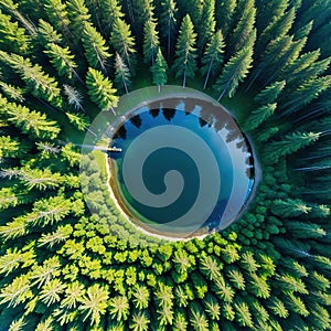An almost perfect circular shot straight down from the is encircled by a pine forest and looks like the